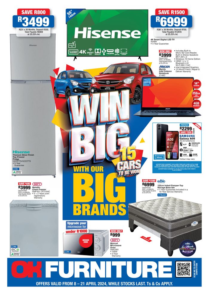 OK Furniture catalogue in Bloemfontein | Win big with our big brands | 2024/04/08 - 2024/04/21