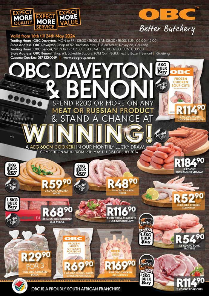 OBC Meat & Chicken catalogue in Dwarsloop | OBC Meat & Chicken weekly specials | 2024/05/20 - 2024/05/24