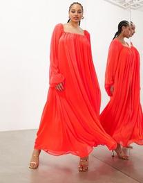 ASOS EDITION Curve square neck chiffon maxi dress in neon coral offers at R 71,85 in Asos