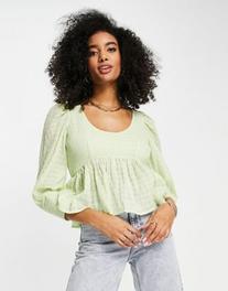 ASOS DESIGN shirred peplum top with deep cuff in sage green offers at R 26,84 in Asos