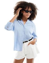 New Look long sleeve linen look shirt in blue offers at R 27,99 in Asos