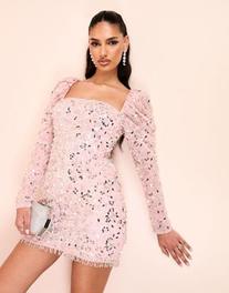 ASOS LUXE puff sleeve embellished mini dress in pink offers at R 150 in Asos
