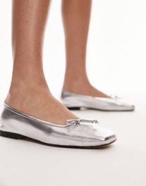 Topshop Bethany leather square toe unlined ballerina shoe in silver offers at R 38 in Asos
