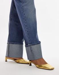Topshop Audrey premium leather mid heeled square toe mules in gold offers at R 68 in Asos