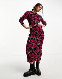 Neon Rose long sleeve rose intarsia midaxi dress in black offers at R 23,1 in Asos
