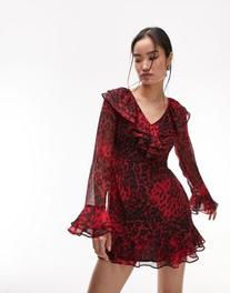 Topshop v neck ruffle mini tea dress in red animal print offers at R 29,5 in Asos