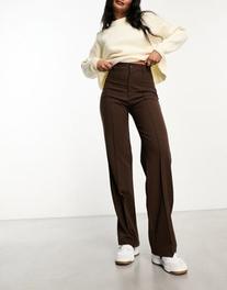 Pull&Bear high waisted tailored straight leg trouser with front seam in chocolate brown offers at R 25,99 in Asos