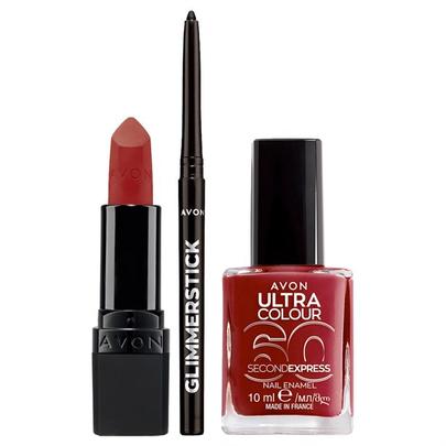 Avon Red Supreme Matte Lipstick, Blackest Black Glimmerstick Eyeliner & Dashing Red Nail Enamel offers at R 283 in AVON