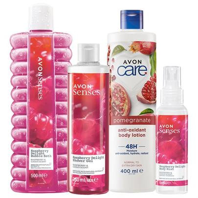 Senses Raspberry Delight Bubble Bath, Shower Gel, Body Mist & Pomegranate Body Lotion offers at R 199 in AVON