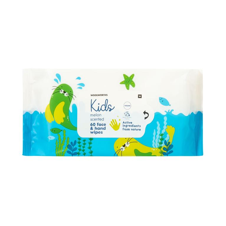 Kids Melon Scented Alcohol Free Face and Hand Wipes 60 pcs offers at R 49,99 in Woolworths