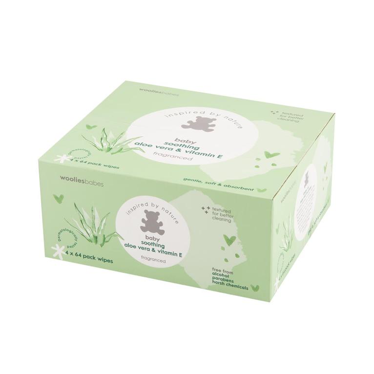 Wooliesbabes Aloe Vera and Vitamin E Fragranced Baby Wipes 4 x 64 pk offers at R 149,99 in Woolworths