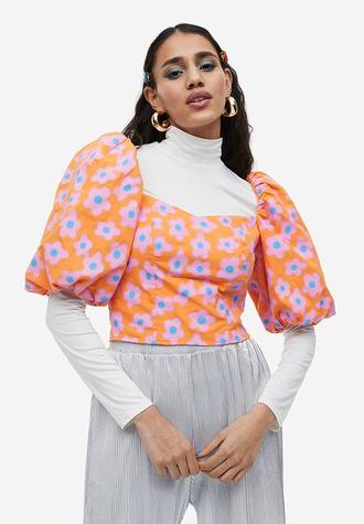 Puff-sleeved poplin blouse - orange/floral offers at R 98 in Superbalist
