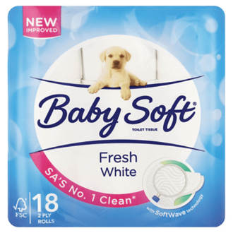 Baby Soft Toilet Paper White 2ply 18's offers at R 125 in 1UP