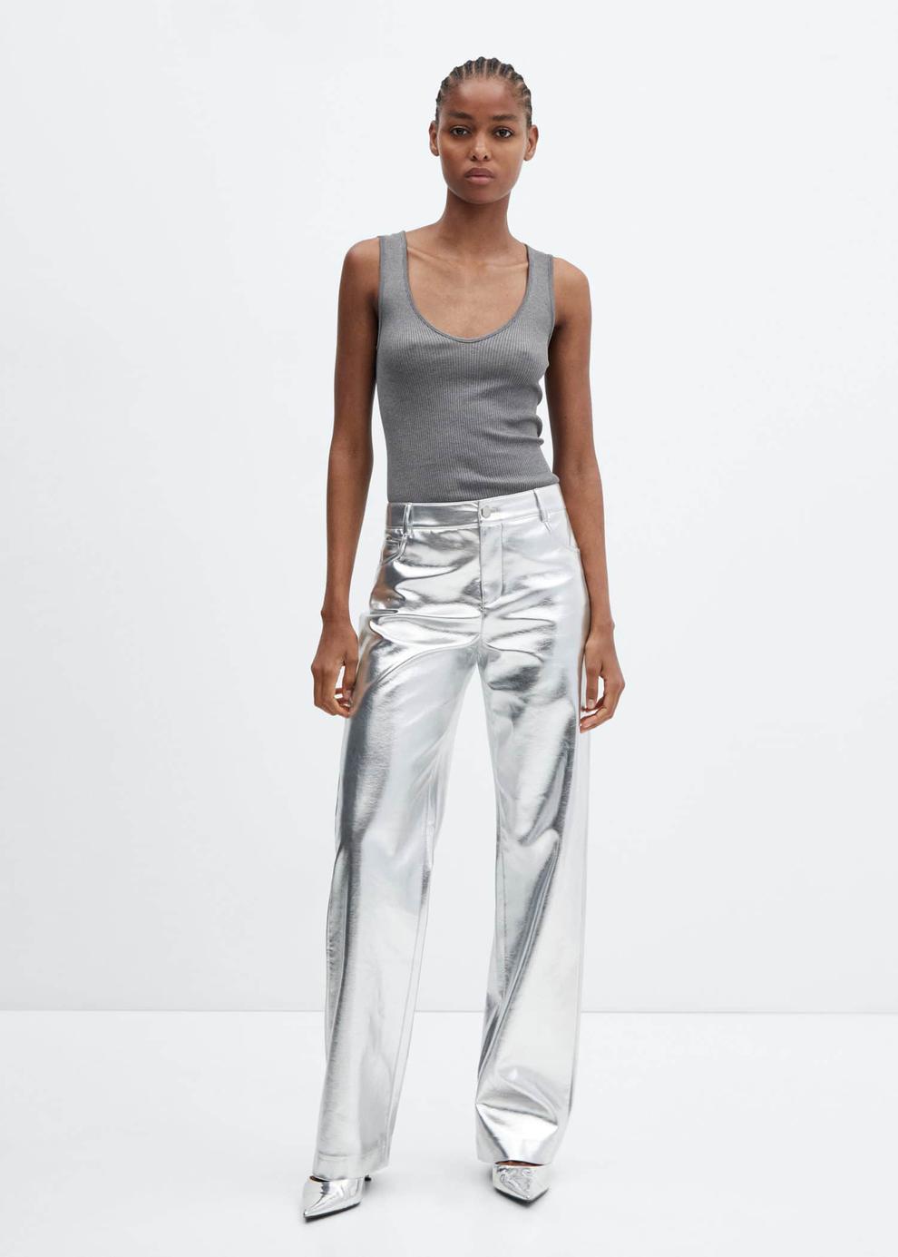 Metallic leather-effect trousers offers at R 799 in Mango