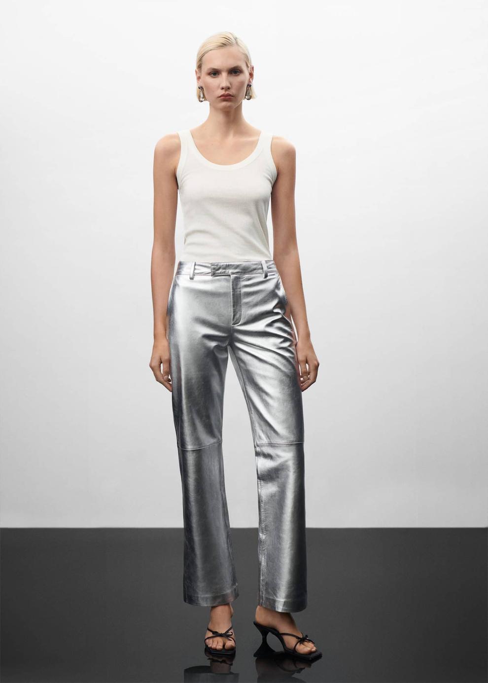 Metallic leather trousers offers at R 5999 in Mango