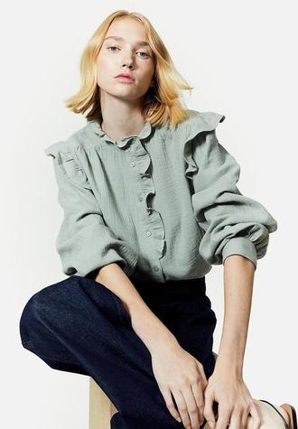 Frill-trimmed muslin blouse - sage green offers at R 399 in H&M