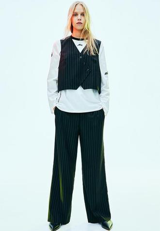Asymmetric-front suit waistcoat - black pinstriped offers at R 329 in H&M