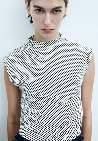 Cropped turtleneck top - white & black striped offers at R 199 in H&M