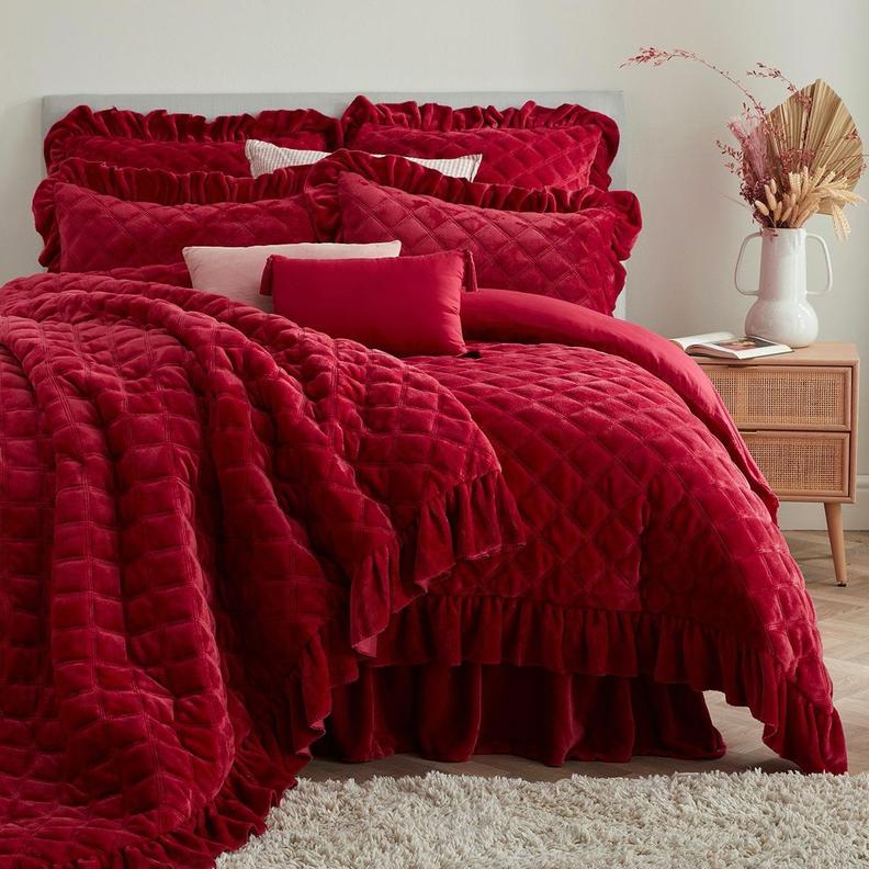 Alaine Red 7pc Frilled Comforter Set offers at R 2599 in HomeChoice