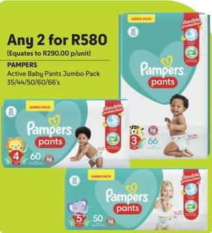 Pampers - Active Baby Pants Jumbo Pack offers at R 290 in Makro