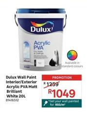 Dulux - Wall Paint Interior / Exterior Acrylic Pva Matt Brilliant White 20 L offers at R 1049 in Leroy Merlin