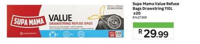 Supa Mama -Value Refuse Bags Drawstring 110l X 20 offers at R 29,99 in Leroy Merlin