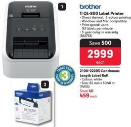 Brother - QL-800 Label Printer/DK-22205 Continuous Length Label Roll offers at R 2999 in Makro