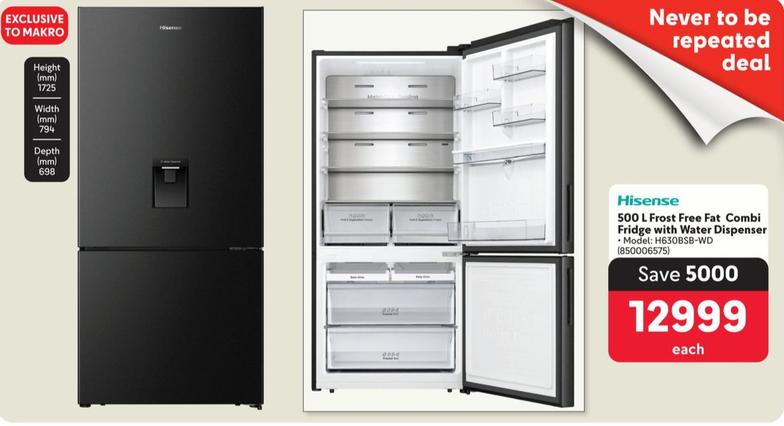 Hisense - 500 L Frost Free Fat Combi Fridge With Water Dispenser offers at R 12999 in Makro