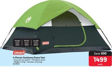 Coleman - 4-Person Sundome Dome Tent offers at R 1499 in Makro