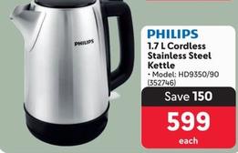 Philips - 1.7 L Cordless Stainless Steel Kettle offers at R 599 in Makro