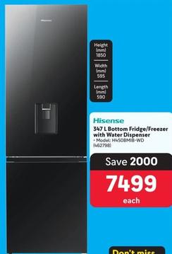 Hisense - 347 L Bottom Fridge/Freezer With Water Dispenser offers at R 7499 in Makro