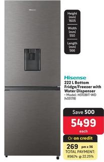 Hisense - 222 L Bottom Fridge/Freezer With Water Dispenser offers at R 5499 in Makro