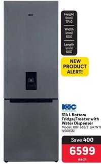 Kic - 314 L Bottom Fridge/Freezer With Water Dispenser offers at R 6599 in Makro