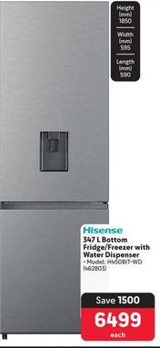 Hisense - 347 L Bottom Fridge/Freezer With Water Dispenser  offers at R 6499 in Makro