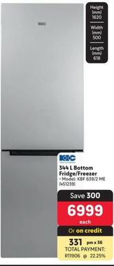 Kic - 344 L Bottom Fridge/Freezer offers at R 6999 in Makro