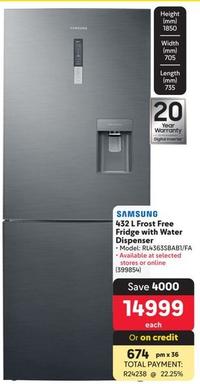 Samsung - 432 L Frost Free Fridge With Water Dispenser offers at R 14999 in Makro