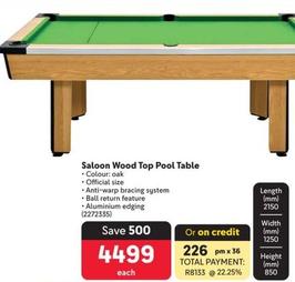 Saloon Wood Top Pool Table offers at R 4499 in Makro