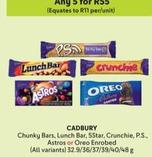 Cadbury - Chunky Bars/Lunch Bar/5Star/Crunchie/P.s./Astros/Oreo Enrobed offers at R 55 in Makro