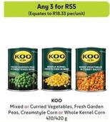 Koo - Mixed Or Curried Vegetables, Fresh Garden Peas, Creamstyle Corn Or Whole Kernel Corn offers at R 55 in Makro