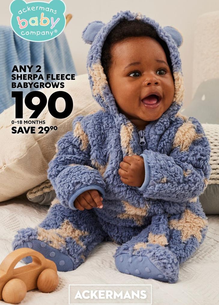 Sherpa Fleece Babygrows offers at R 190 in Ackermans